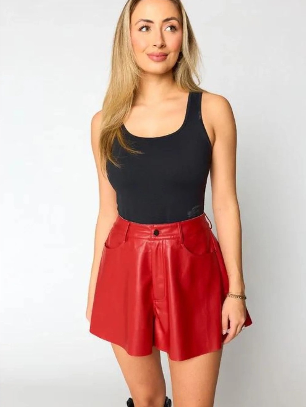 Buddy Love Red Faux Leather High-Waist Flared Shorts